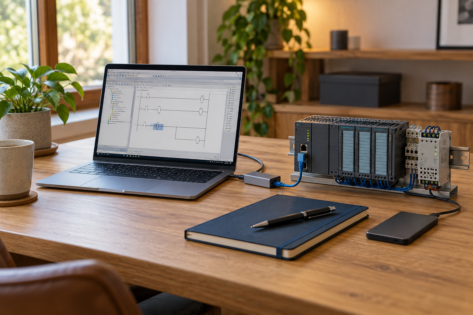 Escritorio de madera con notebook, PLC, agenda y disco externo
